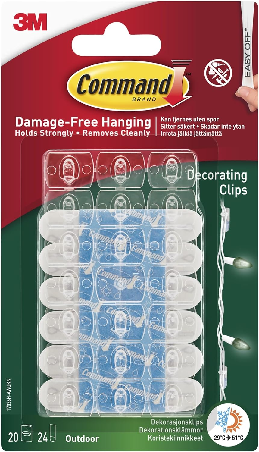 Command Outdoor Decorating Clips with Water-Resistant Strips - 20 Mini Clips and 24 Small Adhesive Strips, Transparent - Hanging Clips for Decorations and Fairy Lights - Damage Free Hanging image number 5