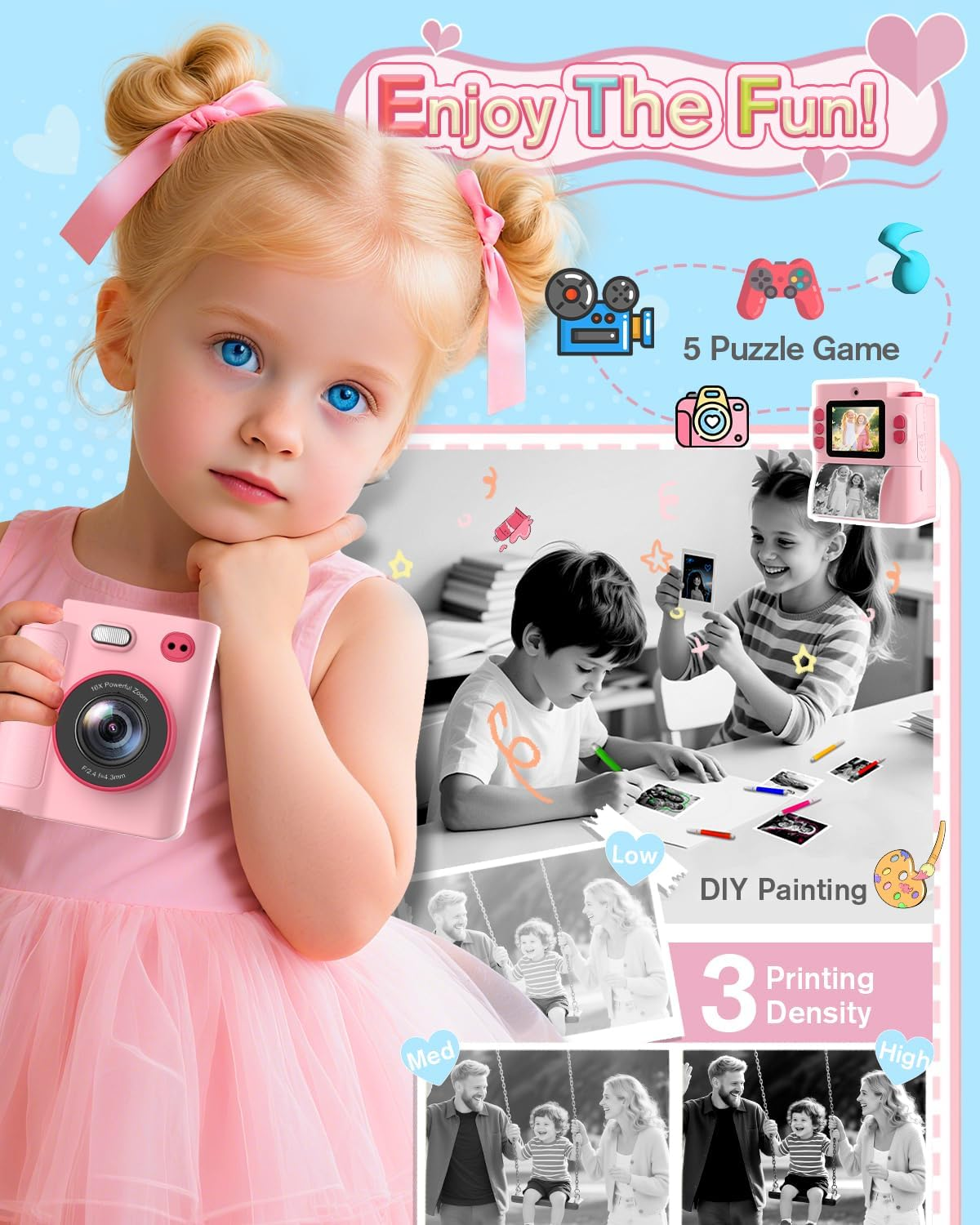 MYSTILUCK Kids Camera Instant Print, 1080P Instant Camera for Kids, Children Digital Cameras with 3 Rolls Photo Paper & 32GB Card, Christmas Birthday Gifts Toys for Boys & Girls Aged 3-12（Pink） image number 2