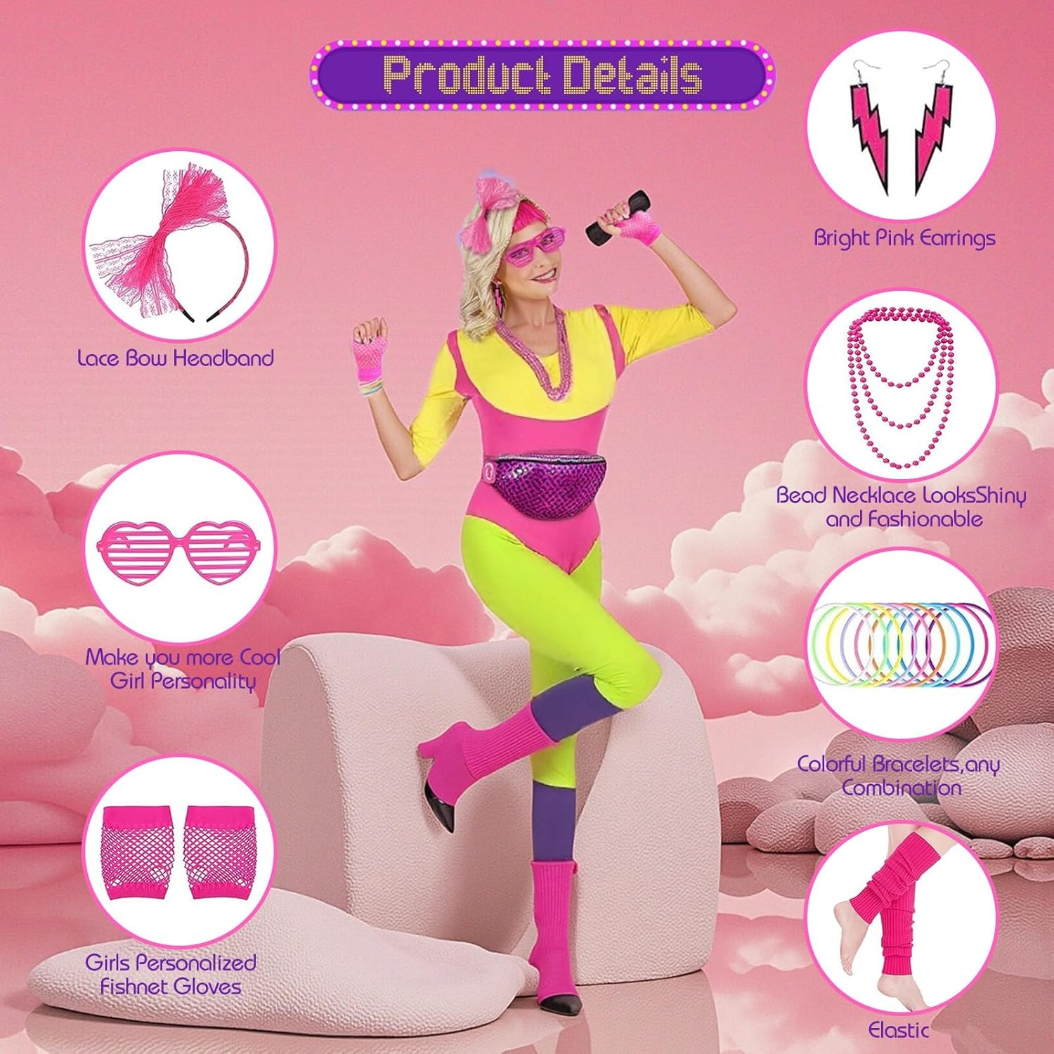 80S Accessories for Women, 1980S Neon Fancy Dress Costume for Girls, Women Sexy Casual Top for 1980S Retro Theme Party image number 1