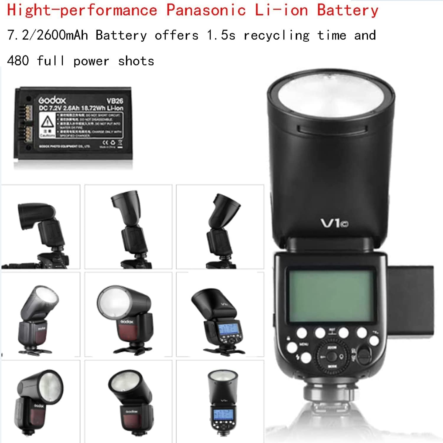 Godox V1-F round Head Camera Flash for Fujifilm Flash Speedlight,76Ws 2.4G 1/8000HSS,480 Full Power Shots,1.5S Recycle Time,2600Mah Li-Ion Battery image number 1