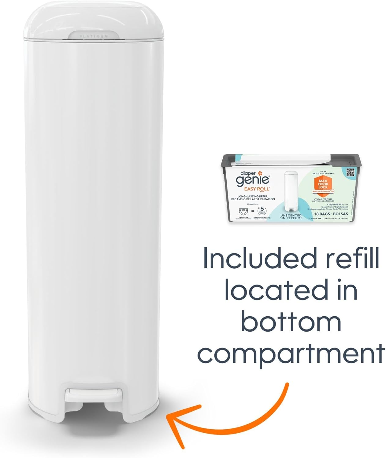 Diaper Genie Platinum Pail (Glacial Blue) Is Made in Durable Stainless Steel and Includes 1 Easy Roll Refill with 18 Bags That Can Last up to 5 Months. image number 4