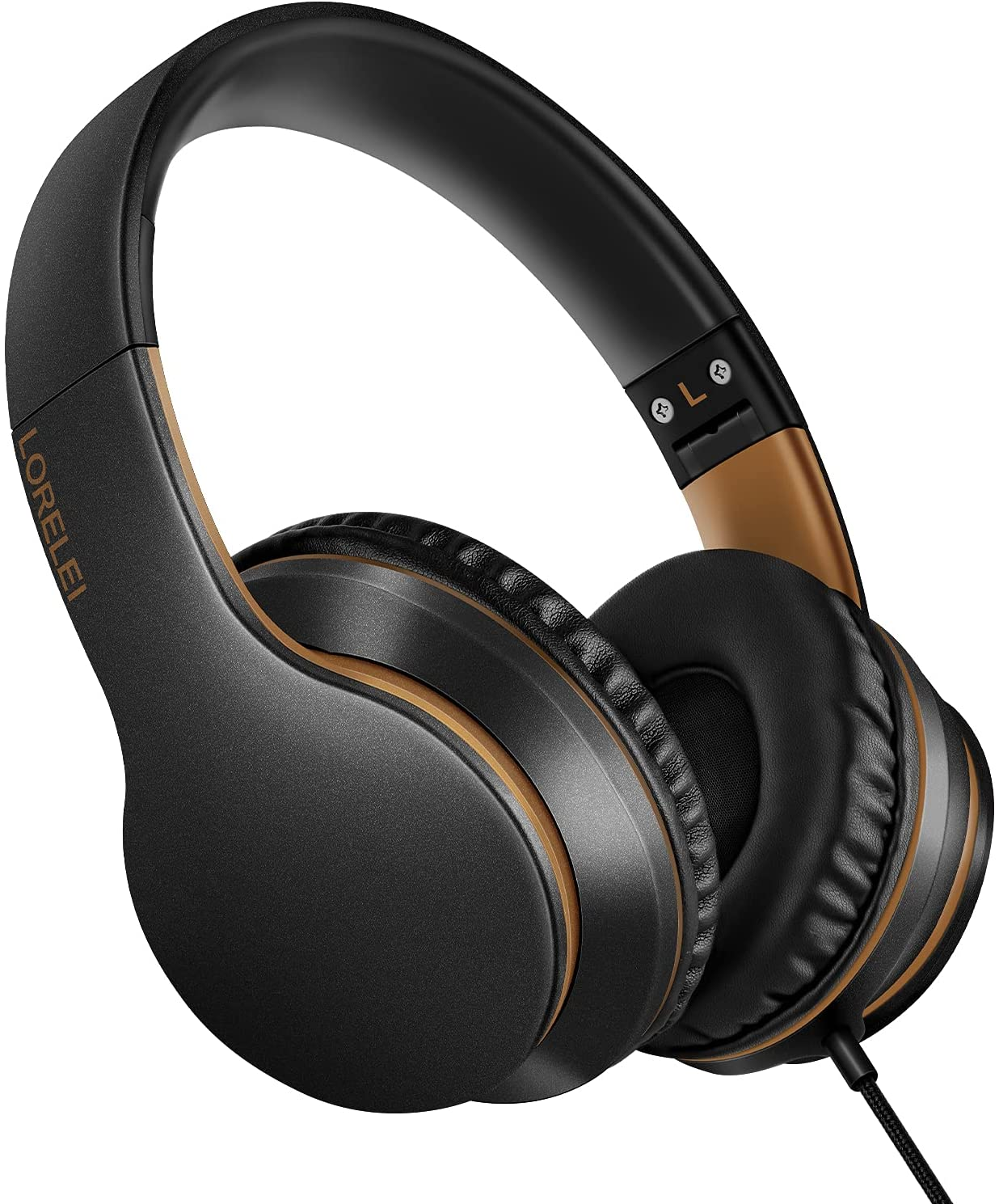 LORELEI X6 Over-Ear Headphones with Microphone, Lightweight Foldable & Portable Stereo Bass Headphones with 1.45M No-Tangle, Wired Headphones for Smartphone Tablet MP3 / 4 (Black-Gold) image number 2
