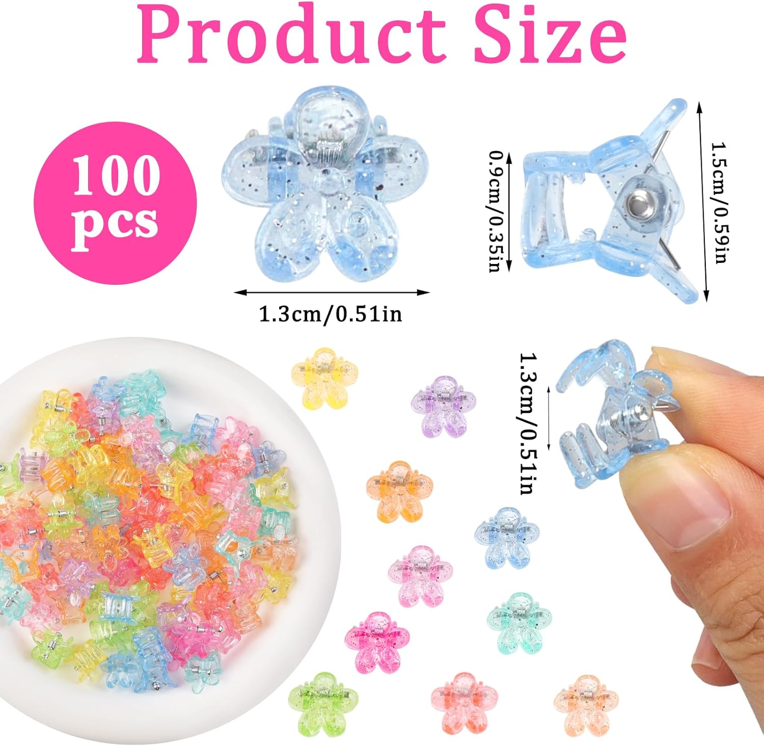 100PCS Mini Flower Hair Clips for Women Girls Mini Claw Clips Cute Jaw Clips Glitter Baby Hair Clip Small Hair Barrettes Strong Grip Hair Accessories for Hair Styling, Colorful