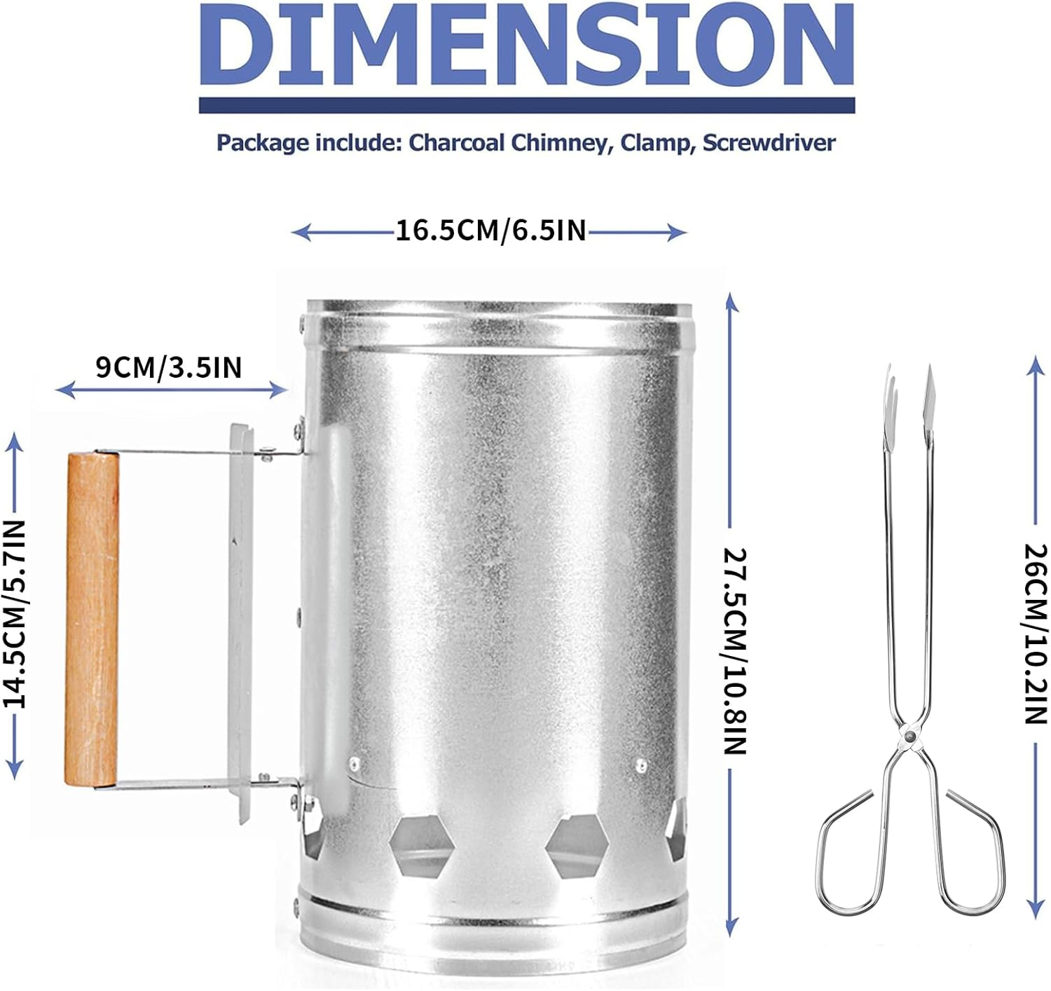 Zalizr Charcoal Igniter with Clamp Set, Portable Chimney Starter for Charcoal Grills and Barbecues, Chimney Lighter Basket for Outdoor Camping and Cooking (Silver, Wooden Handle) image number 3