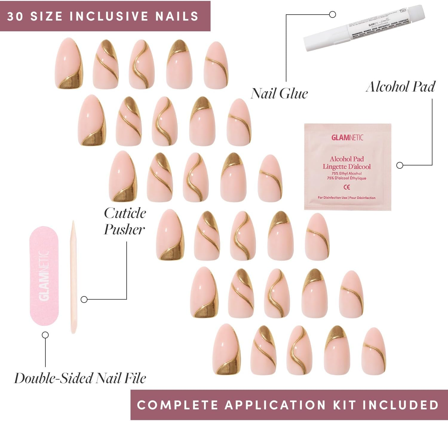 Glamnetic GLAMZILLA - I AM a RICH MAN? | Short Nude Almond False Nails with Gold Foil, Reusable | 15 Sizes - 30 Nail Kit with Glue image number 1