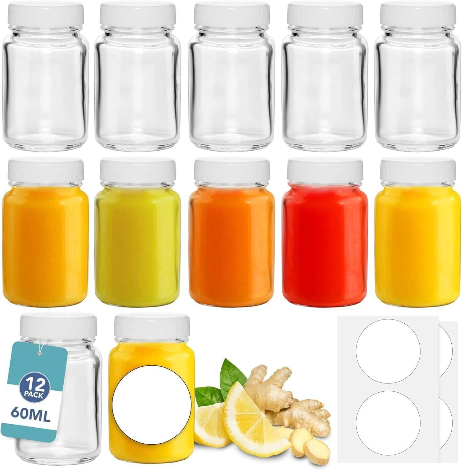 PENGQIMM 12 Pack Glass Shot Bottles with Lids,60 Ml Small Clear Glass Bottles Glasses Containers with Cleaning Brush & Labels Empty Clear, Airtight Juice Shot Bottles, Oils, Sauce, Medicine image number 6