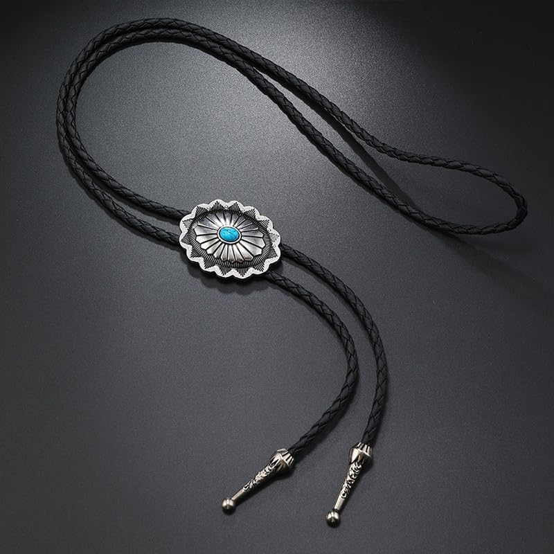 Vintage Turquoise Bolo Tie for Men - Western Cowboy Colored Oval Bola Necktie Retro Leather Necklace for Men Women - Lace Oval image number 4