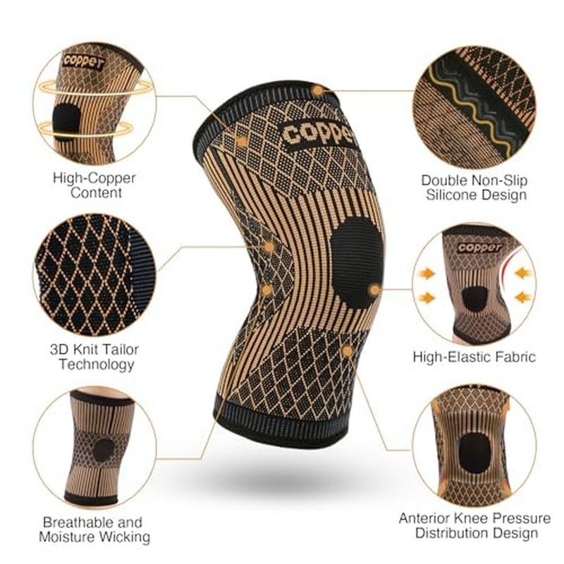 Copper Knee Braces for Women and Men - 2 Pack Compression Knee Sleeve for Knee Pain and Recovery Support, Arthritis, Meniscus Tear, Knee Support for Running, Workout Sports image number 6