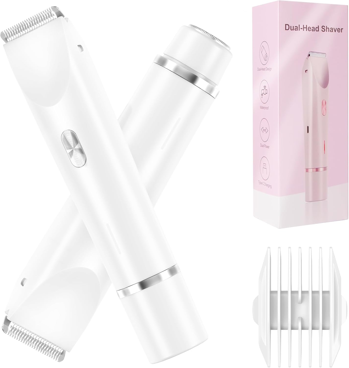 Electric Lady Shaver for Women, 2 in 1 Bikini Trimmer Women Wet and Dry, IPX7 Waterproof Rechargeable Electric Razor for Bikini Underarms Legs Arms Body Face(White)