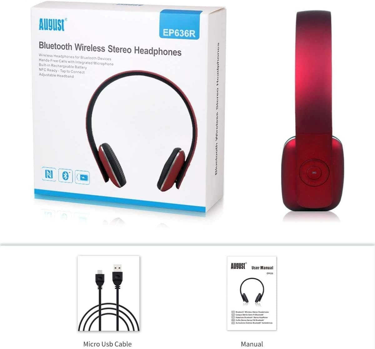 August EP636 Wireless Bluetooth Headphones on Ear Headset with Built-In Mic, Hands-Free Calling, Flexible Design, 12 Hours of Battery Life, Bluetooth V4.1 for Android Iphone PC Windows Mic - Red image number 1