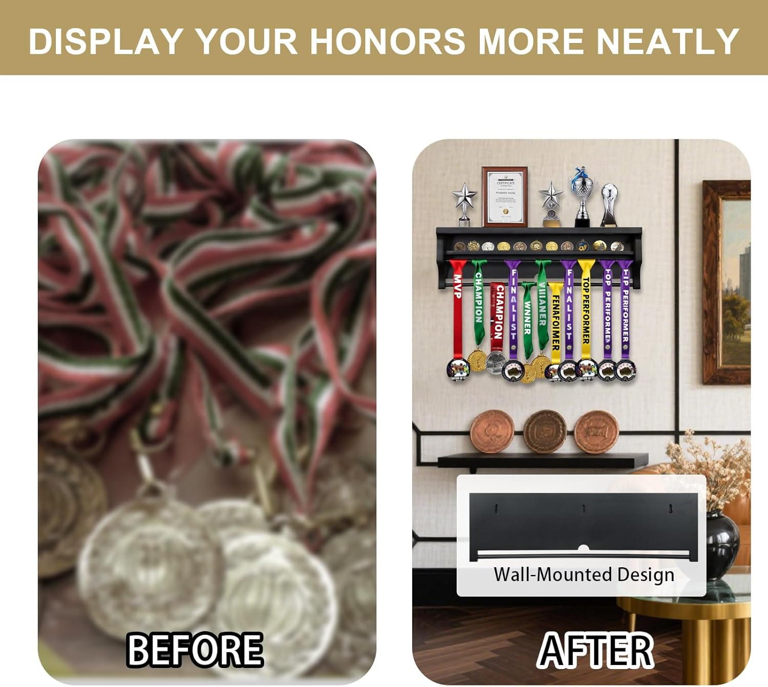 Solid Wood Medal Hanger Display, Wall - Mounted Holder for Sports Achievements Gymnastics, Soccer with Bib Board for Marathon Keepsakes image number 3