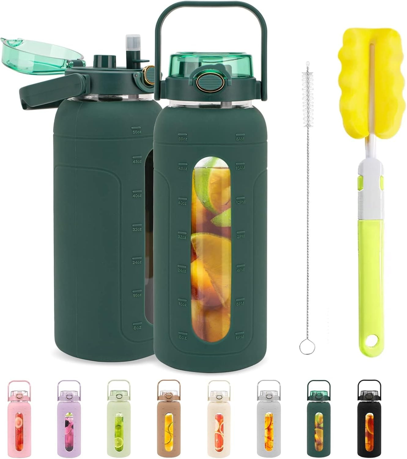 Tronco 64 Oz Glass Water Bottles with Straw and Handle Lid,Half Gallon Water Bottle with Silicone Sleeve&Time Marker,Large Reusable Motivational Glass Water Jug Leakproof for Gym/Workout/Travel