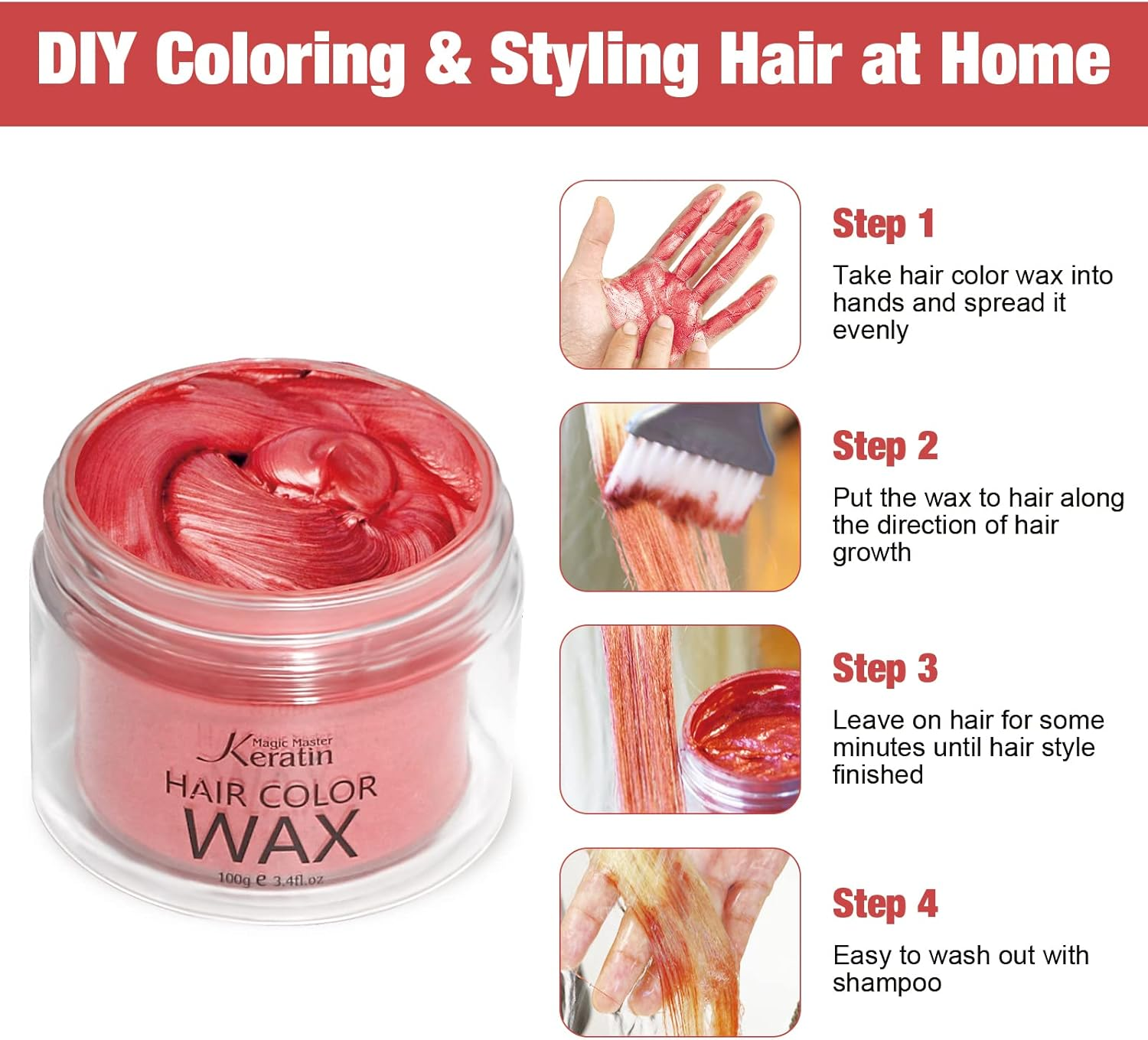 Temporary Hair Color for Kids, Magic Master Keratin Hair Wax Color Dye for Dark Hair Instant Colored Hair Gel Hairstyle Wax Cream Mud Pomade 3.4 Oz Girl Gifts, Party, Cosplay & Halloween (Red)