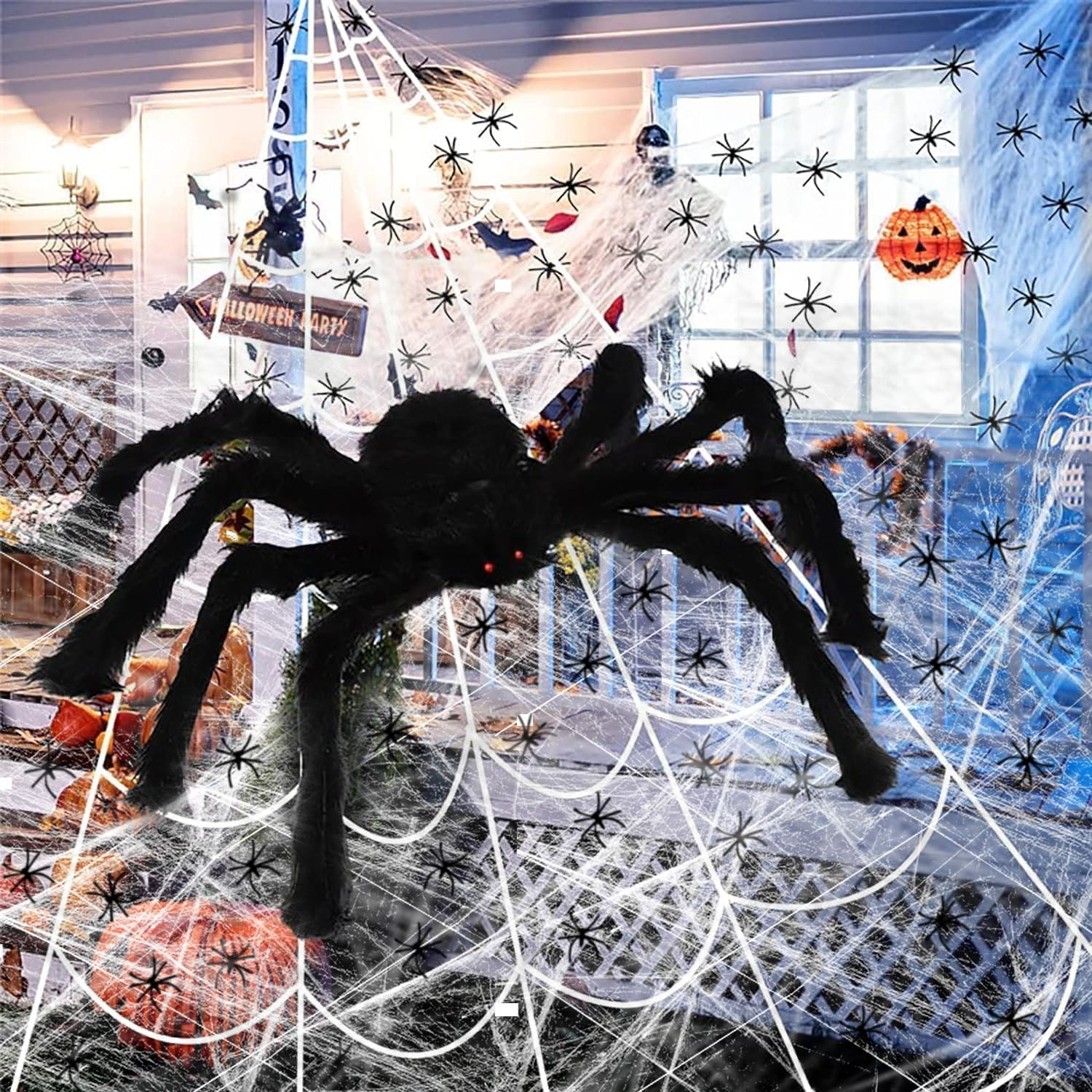 Halloween Spider Web Decorations Outdoor, 7 * 5.5M Triangular Spider Web 1.5M Giant Spiders, 20Pcs Small Spiders and Cotton for Indoor outside Halloween Decor Party Yard Lawn Home Garden Haunted House image number 2
