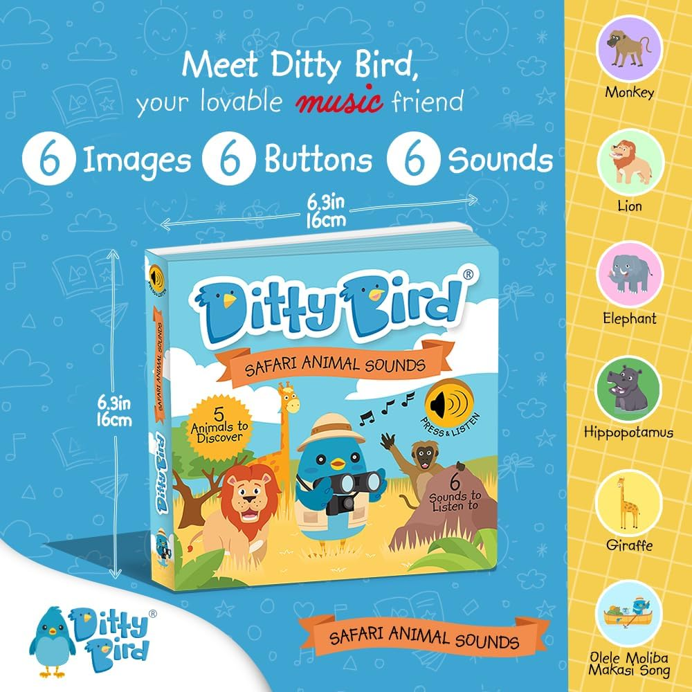 Ditty Bird Safari Book for Toddlers | Realistic Animal Sound Book | Interactive Safari Board Books for Toddlers 1-3 | Sensory, Musical Books for Animal Lovers | Sturdy Nursery Rhyme Toys for Baby image number 3