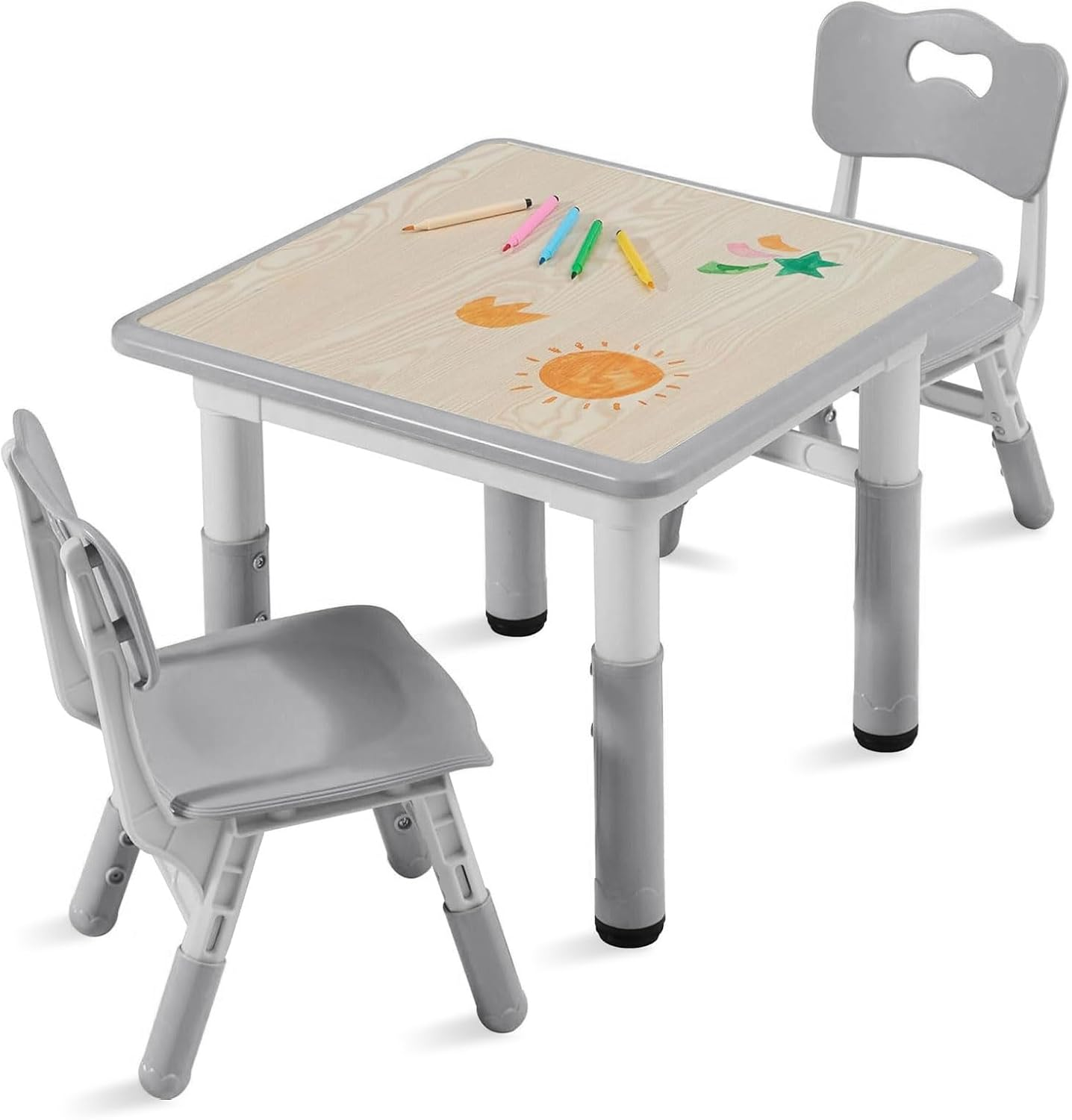 Adjustable Kids Table and 2 Chairs Set, 7-Level Height Table for Kids, Plastic Toddler Desk and Chair Set Ages 2-8, Art Table with 2 Seats, Ergonomic Backrest, Graffiti Surface, Gray, 60 X 80Cm