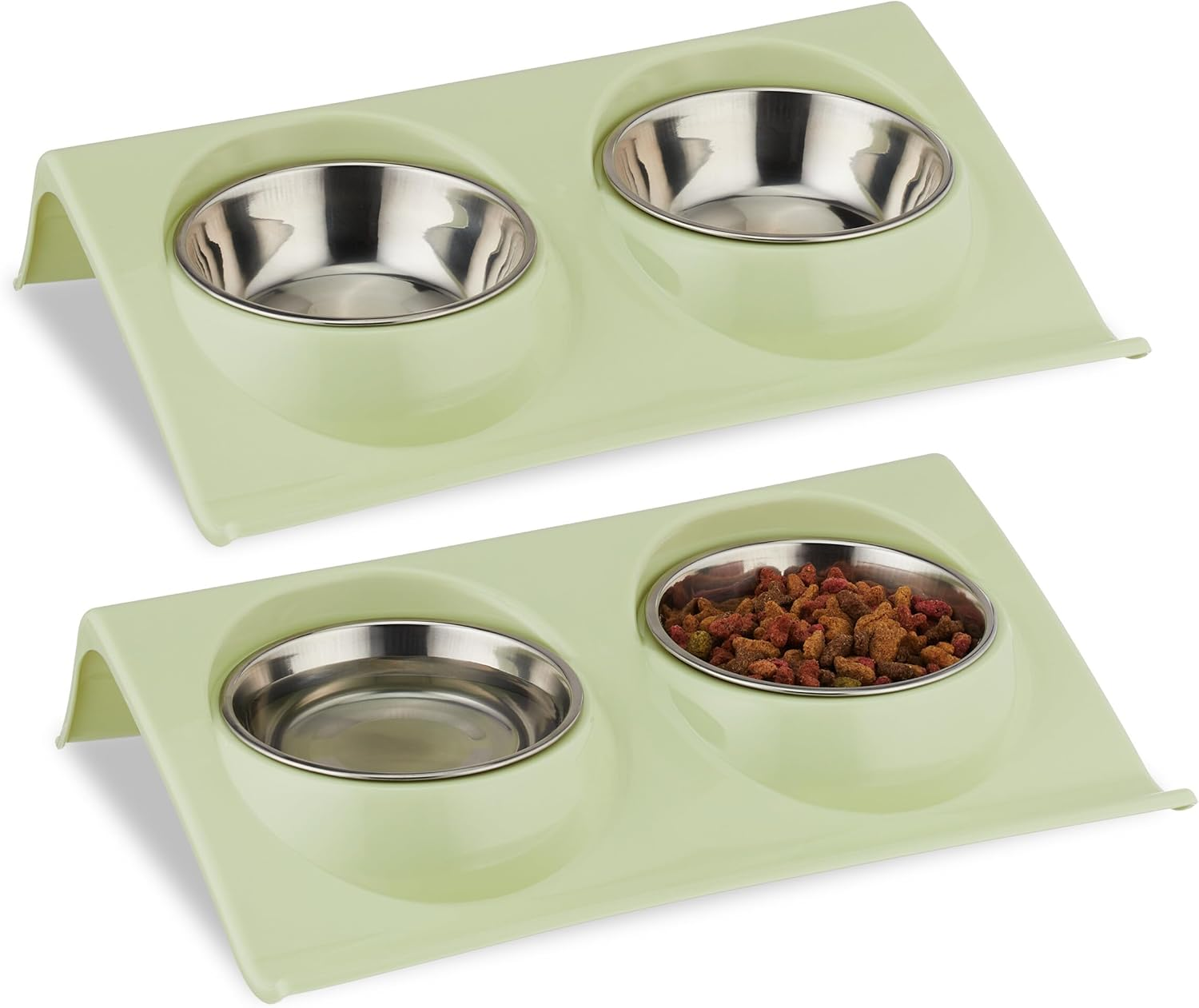 Relaxdays Double Bowl, 2 Feeding Bowls, 150 Ml, Cat Feeding Bowl Set, Raised Water Bowl, H X W X D 6.5 X 29 X 19 Cm, Green/Silver image number 1