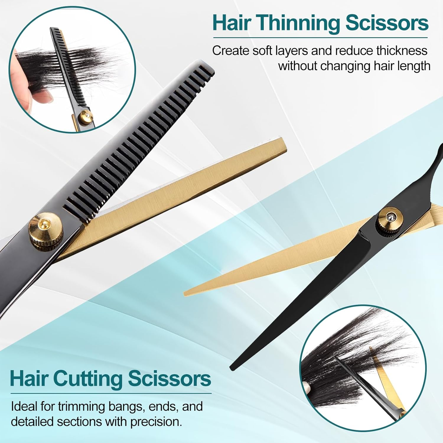 Vivva Hair Cutting Scissors Kits, 9Pcs Stainless Steel Hairdressing Shears Set Professional Thinning Scissors for Barber/Salon/Home/Men/Women/Kids/Adults Shear Sets (Black&Gold) - Blue image number 3
