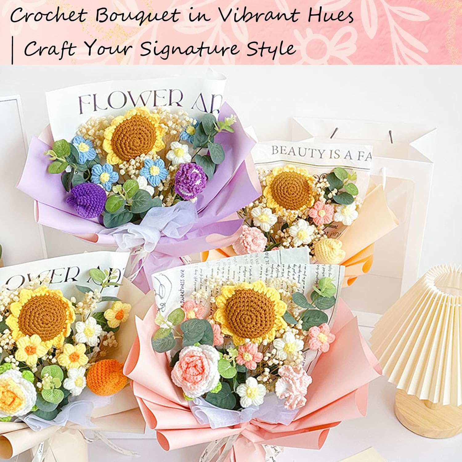 Luckybundle Crochet Flower Bouquet - Handmade Sunflower, Rose & Tulip with Baby'S Breath - Hypoallergenic Gift for Women, Mother'S Day, Get Well - Includes Gift Bag & Card - Pink image number 6