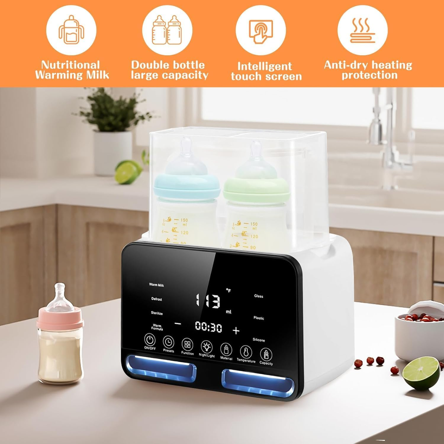 Baby Bottle Warmer,Bottle Sterilizer Double Bottle Warmer, Precise Temperature Control with LED Display and Defrost Function.