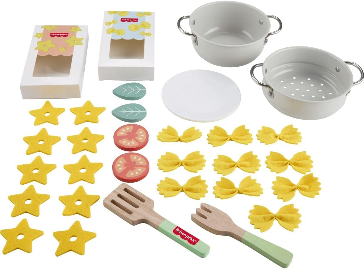 Fisher-Price Wood Pretend Cooking Set, Pots & Pasta Chef, 31 Pieces Play Food & Wooden Utensils for Preschool Kids Ages 3+ Years image number 3