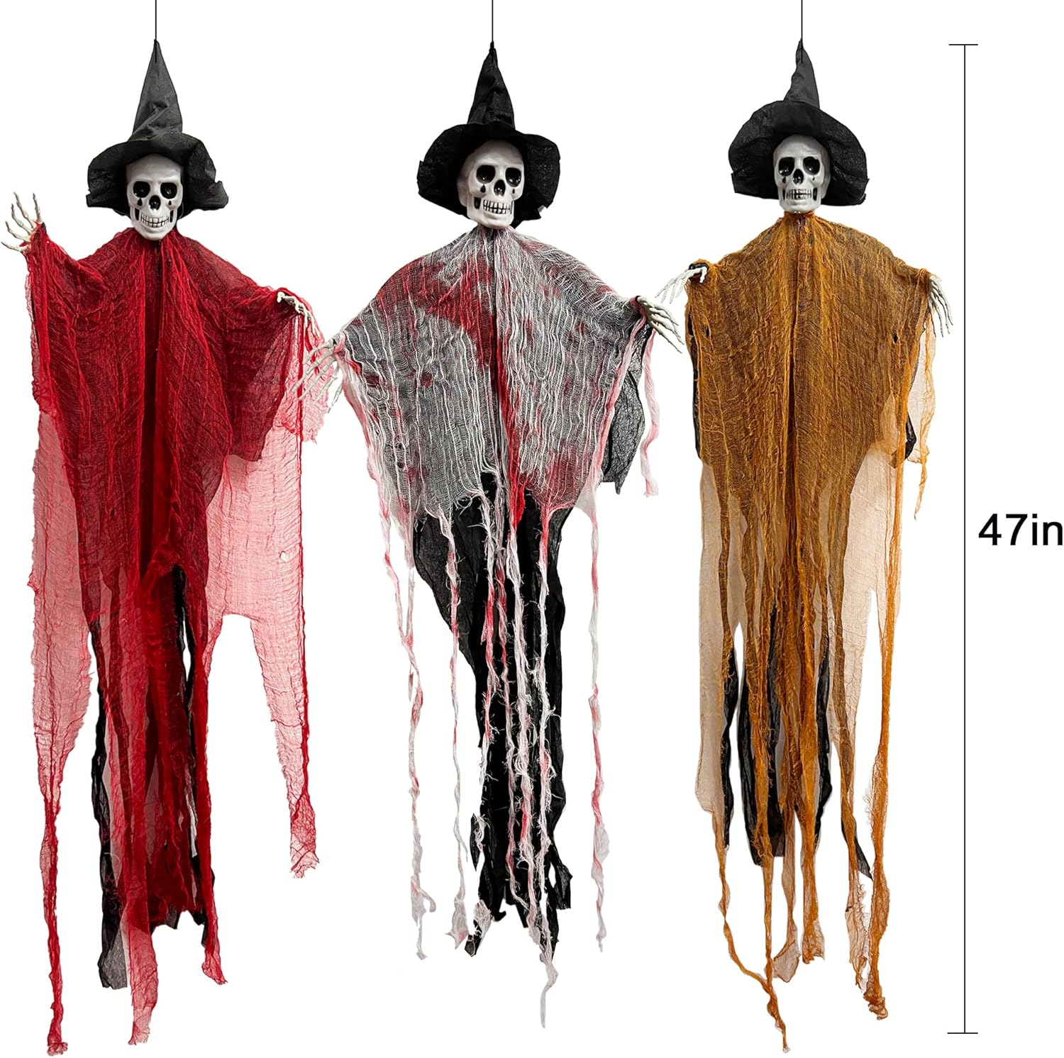 3 Pack Halloween Hanging Grim Reapers, 47" Hanging Ghost Decorations with Hat for Halloween Indoor/Outdoor Haunted House Prop Decor image number 3