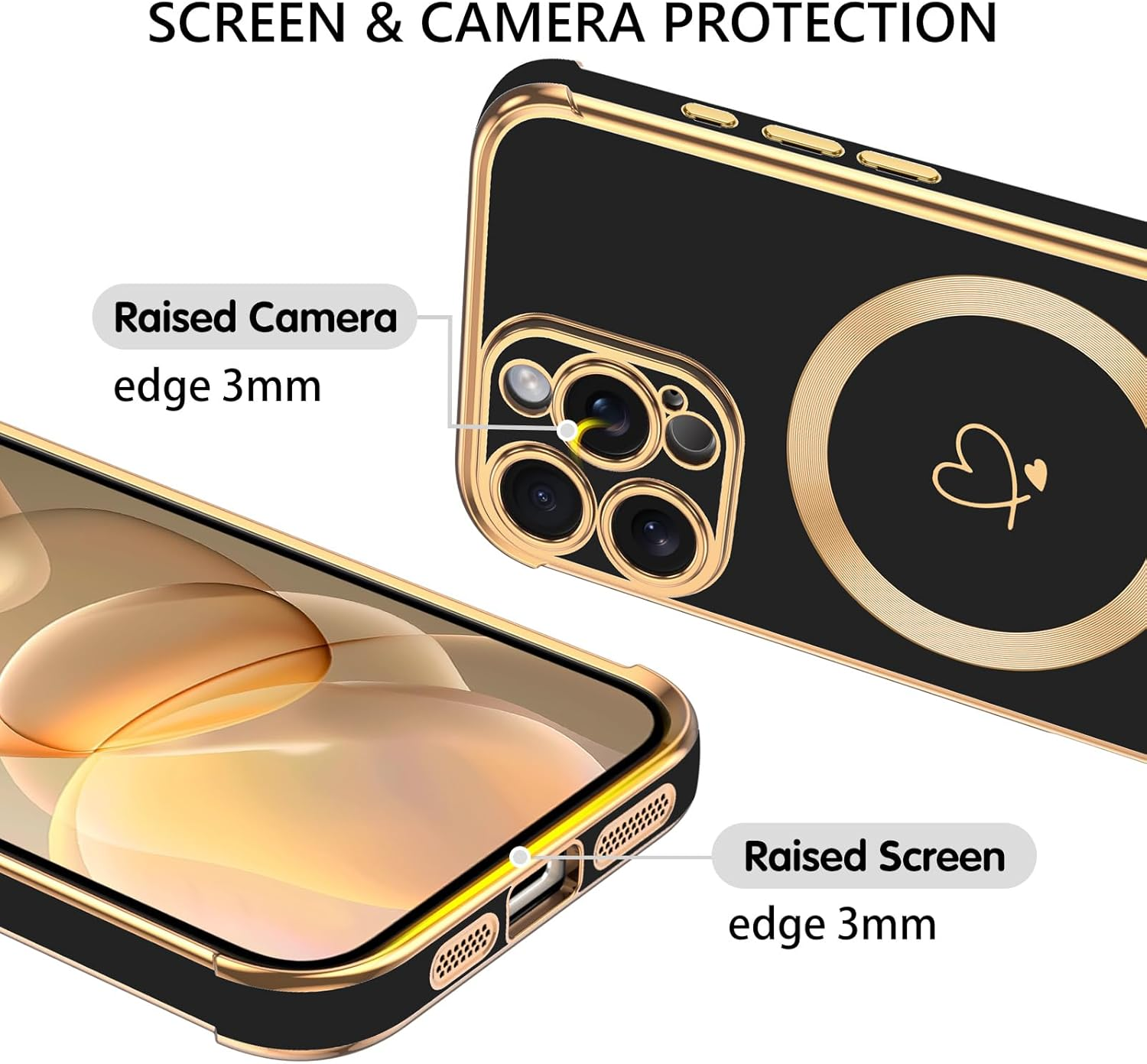 GUAGUA Magnetic Case for Iphone 16 Pro,[Compatiable with Magsafe] Soft TPU Gold Plating Cover Women Girl Drop Protection & 4 Corners Shockproof Stylish Phone Cover, Black