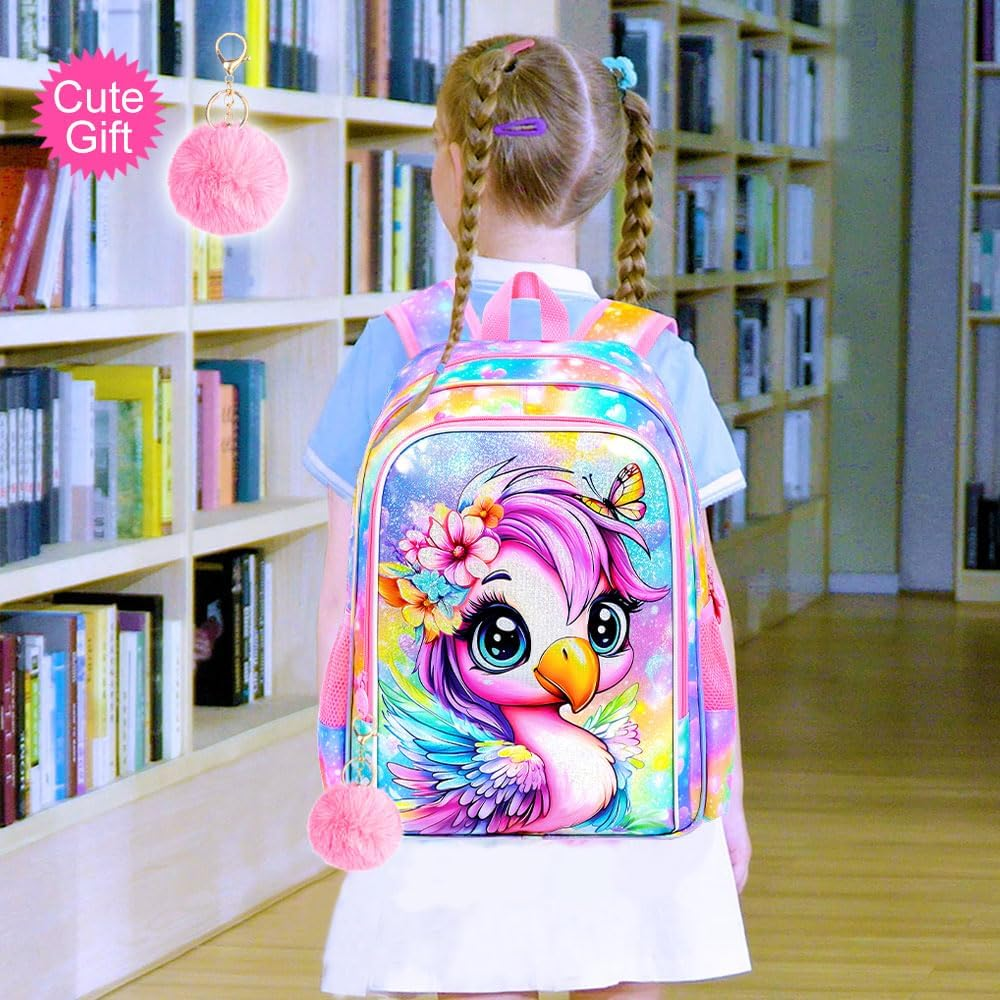 ZLYERT 3Pcs Flamingos Backpack for Girls, 16" Kids School Backpacks with Lunch Box, Bookbag for Elementary Preschool Kindergarten (Pink) image number 6
