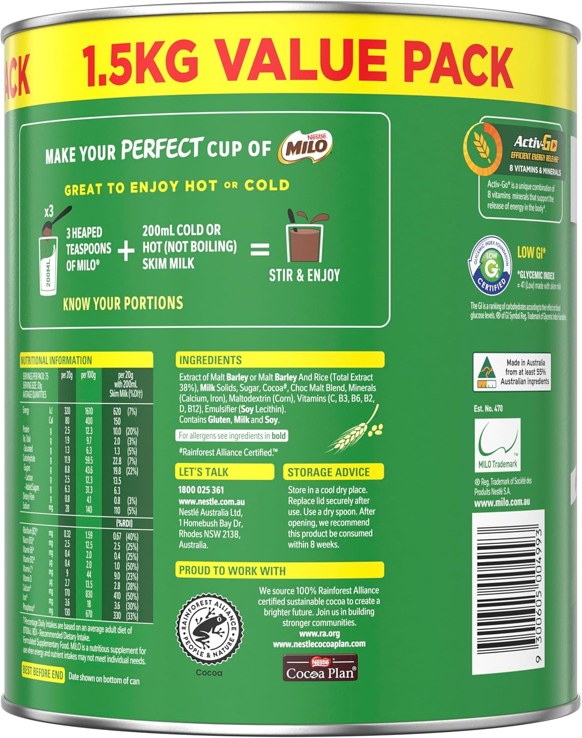 NESTL&Eacute; MILO Chocolate Malt Powder Drink, 1.5Kg