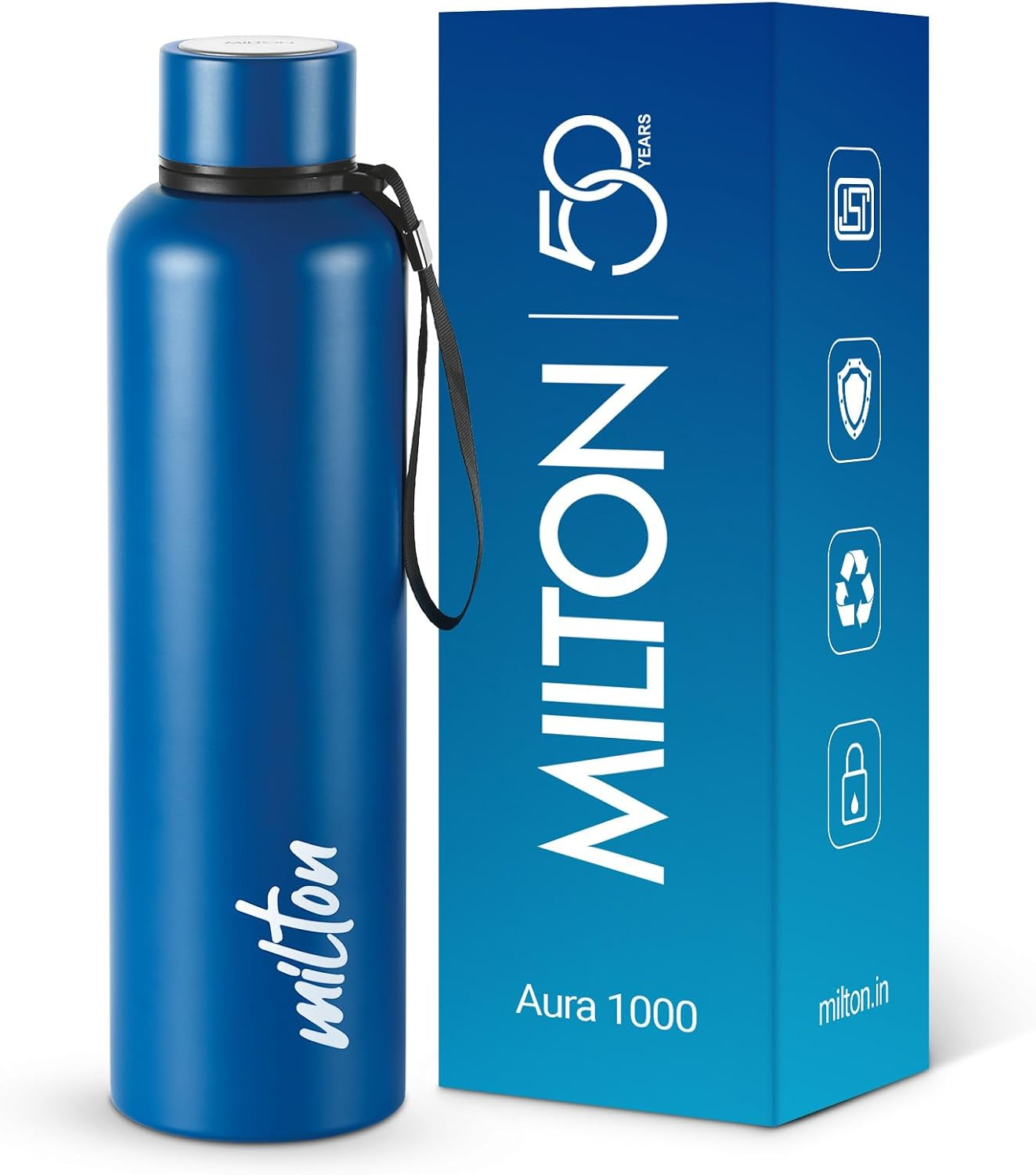 Milton Aura 1000 Dark Blue 1.05L Stainless Steel Vacuum Insulated Leakproof Thermosteel Bottle, 24 Hours Hot and Cold, Easy to Carry, Rust Proof, Tea, Coffee, Office, Travel Bottle