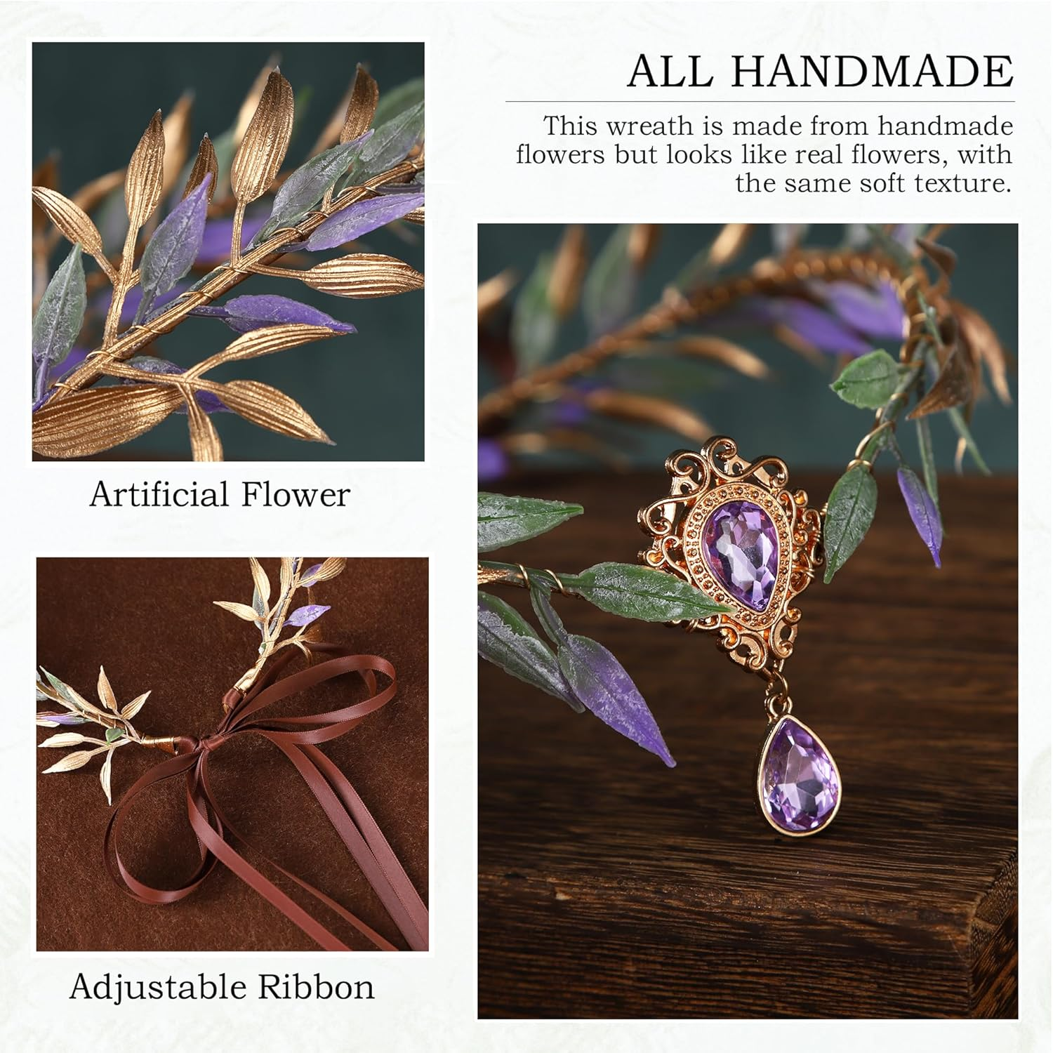 MOSTORY Forest Elf Crown for Renaissance Women Cosplay Purple and Gold Leaf Headpiece for Halloween Forest Fairy Costume