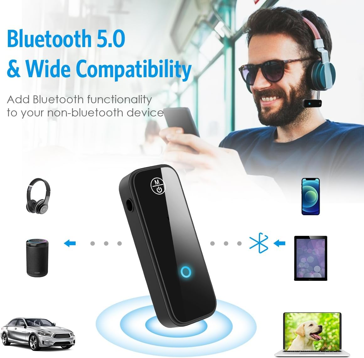 (Newest) Aux Bluetooth 5.0 Adapter for Car, Bluetooth Receiver for Car Home Stereo System and Headphones, Bluetooth Aux Adapter, 2 in 1 Wireless Bluetooth Transmitter and Receiver for Hands-Free Call image number 4