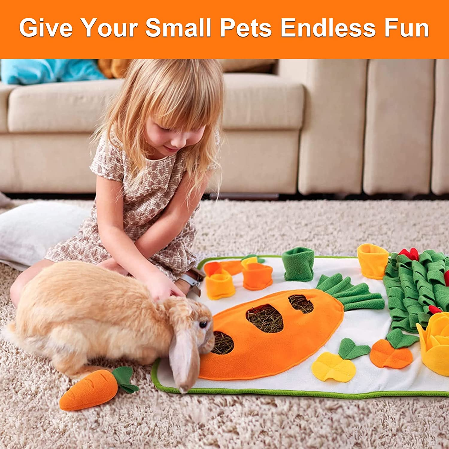 Adpartner 24" X 20" Rabbit Foraging Mat with Carrot Toy, Interactive Snuffle Feeding Pad for Boredom, Polar Fleece Pet Feed Game for Rabbits Bunny Guinea Pigs Chinchillas Ferrets image number 5