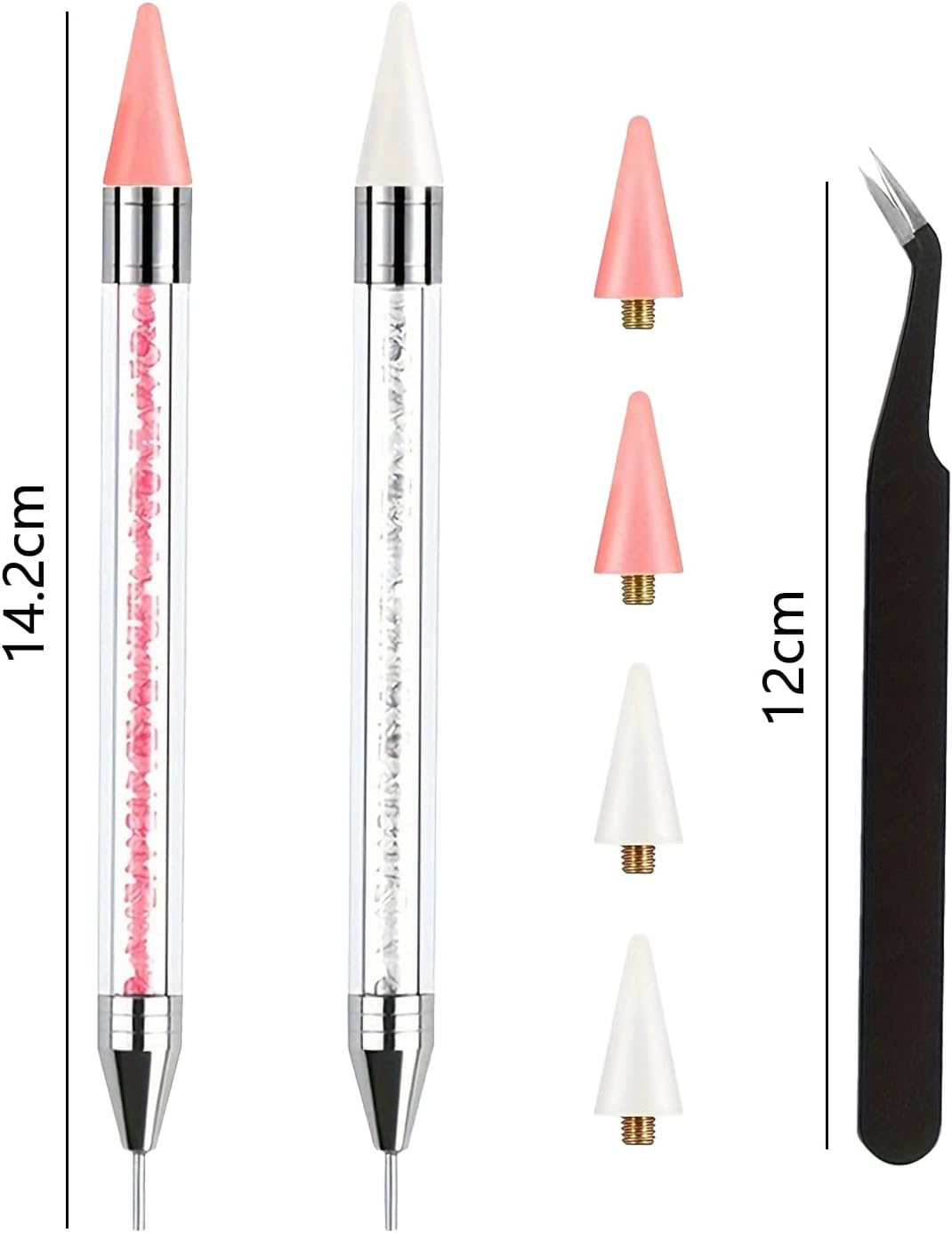 JANGJANG 2 Pcs Rhinestone Picker Tool Set, Acrylic Handle Bedazzler Kit, Dual-Ended Nail Art Tools with 4 Wax Tips and 1 Tweezer, DIY Nail Accessories for Rhinestones Application and Design image number 2