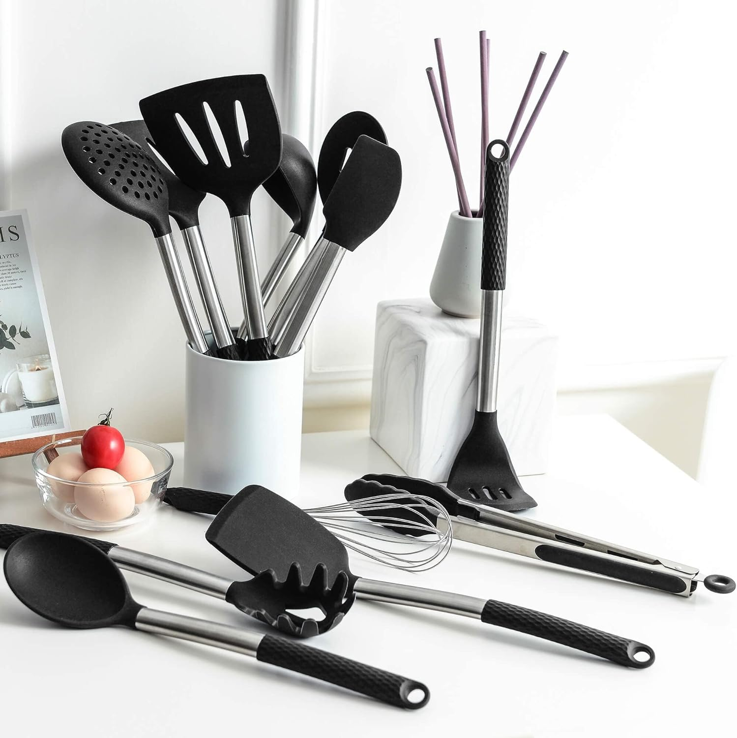 Rorence Kitchen Utensil Cooking Utensil Set for Baking Mixing: 12 Pieces Kitchen Gadgets Non-Stick & Heat Resistance Silicon and Stainless Steel Handles (Utensil Holder Not Included) - Pink