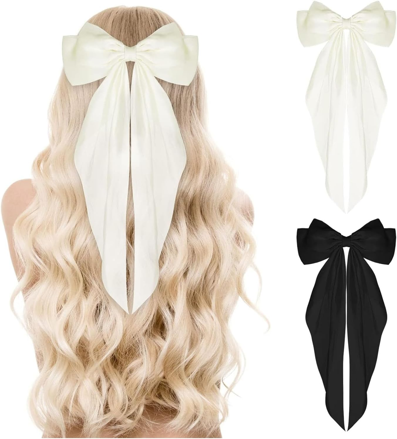 Hair Clips, 2 Pieces with Large Bow, Soft Silky Satin Hair Clip, Long Tail, French Ribbon Hair Pins, 90S Bowknot Clips for Party, Christmas, Women (Black + Beige) image number 1