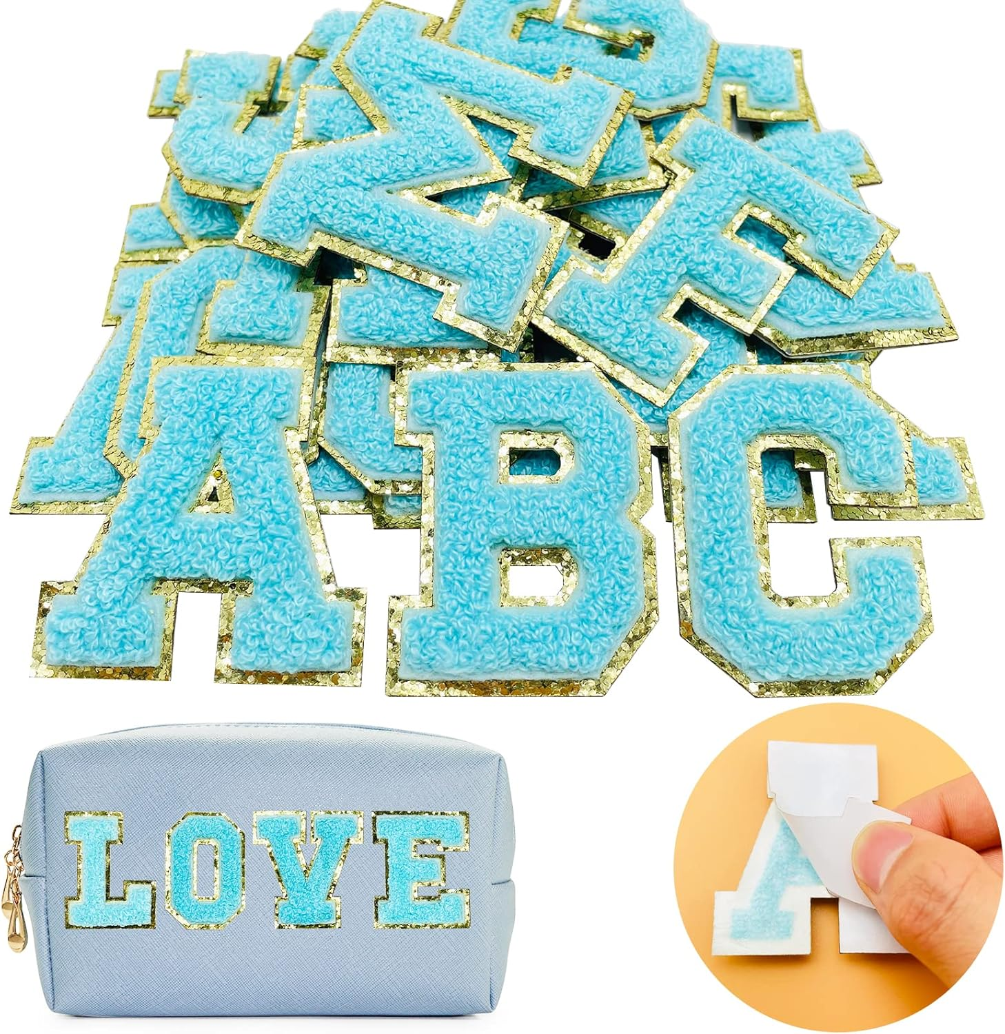 Jongdari Chenille Letter Patches Self-Adhesive & Iron-On Letters, 52Pcs Varsity Fuzzy Patch Glitter Alphabet - 26Pcs, Multicolored