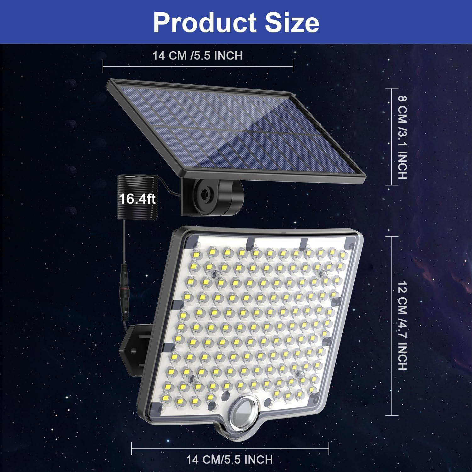 Solar Motion Sensor Lights Outdoor, 3 Modes LED Solar Flood Lights,Large Separate Solar Panel with 16.4Ft Cable, IP65 Waterproof Solar Security Lights for outside (1PACK) image number 3