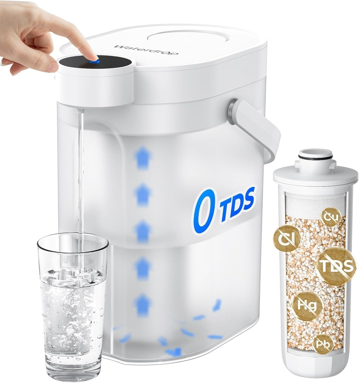 Waterdrop Water Filter Jug, 0 TDS Rechargeable Water Purifier, 4-Stage Instant Electric Powerful Jug, Reduce Chlorine, Lead, 3.6L Countertop System with 1 Filter image number 2