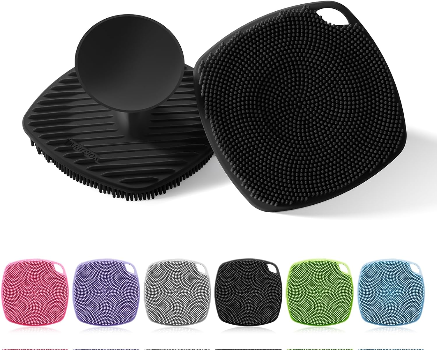 ARIOSOX Silicone Body Scrubber with Suction Cup, Gentle Texture Exfoliating Body Scrubber for Men and Women on Sensitive Skin, Build up Lather, Deep Skin Clean (Body+ Face Scrubber Black)