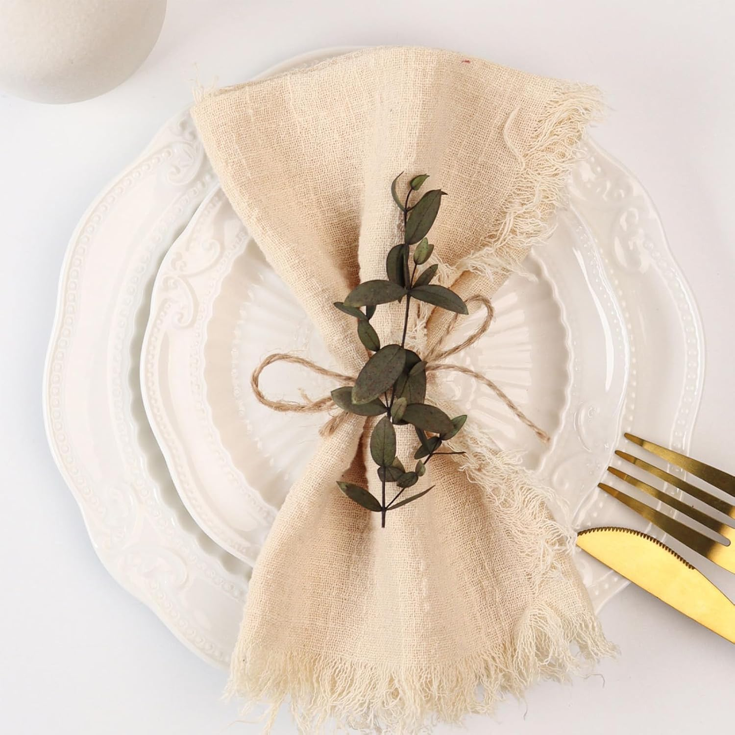 CENZICOM Cotton Linen Dinner Napkins with Fringe, 42 X 42 Cm, Set of 4 (Beige) image number 2