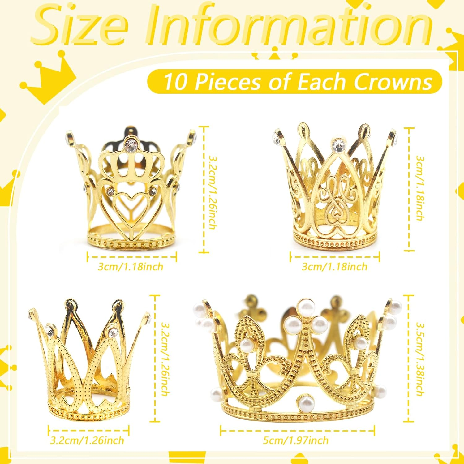 Benvo 40 Pcs Gold Crown Cake Topper Pearl Rhinestone Mini Crowns Small Diamond Tiaras for Flower Bouquet Cupcake Centerpieces Decoration of Girl Lady Bridal Wedding Birthday Party, 4 Crown Designs image number 1