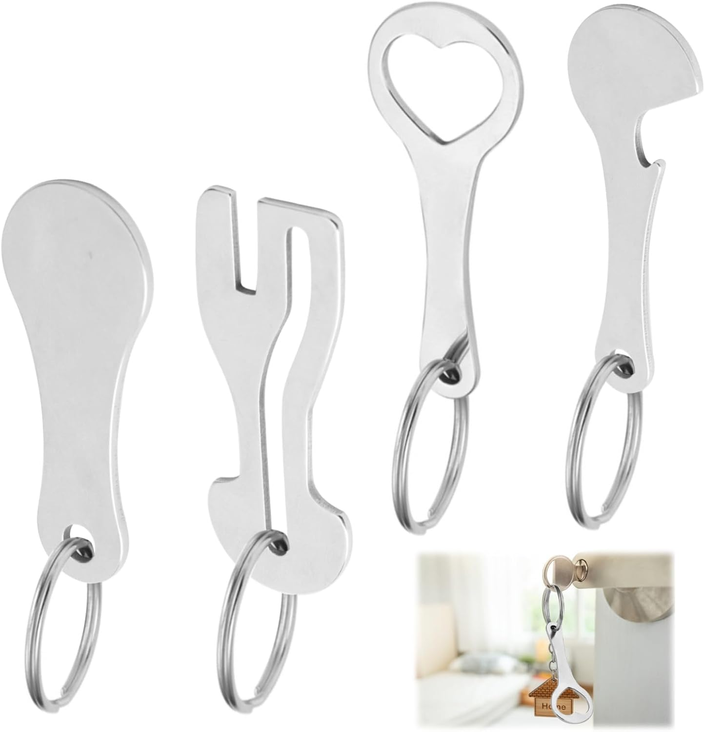 4 Pcs Stainless Steel Shopping Trolley Token Remover with Aluminium Alloy Key Ring, Portable Shopping Trolley Token Remover Tool for Unlocking Carts & Opening Bottles image number 4