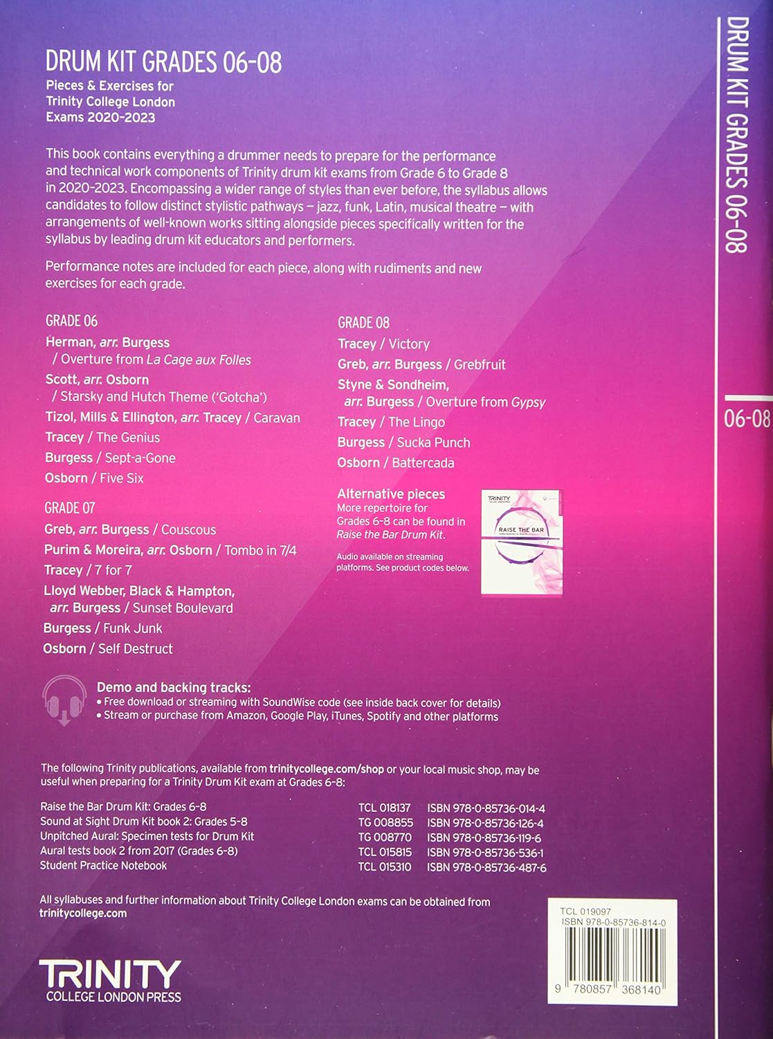 Trinity College London Drum Kit from 2020. Grades 6-8: 2020-2023