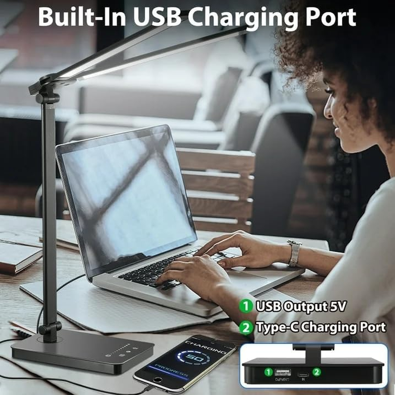 Desk Lamp for Home Office - LED Lamp with USB Port,Eye-Caring Double Swing Arm Bright Table Lamp, Dimmable Touch Lamp Desktop Light for Bedroom/Living Room/College image number 4