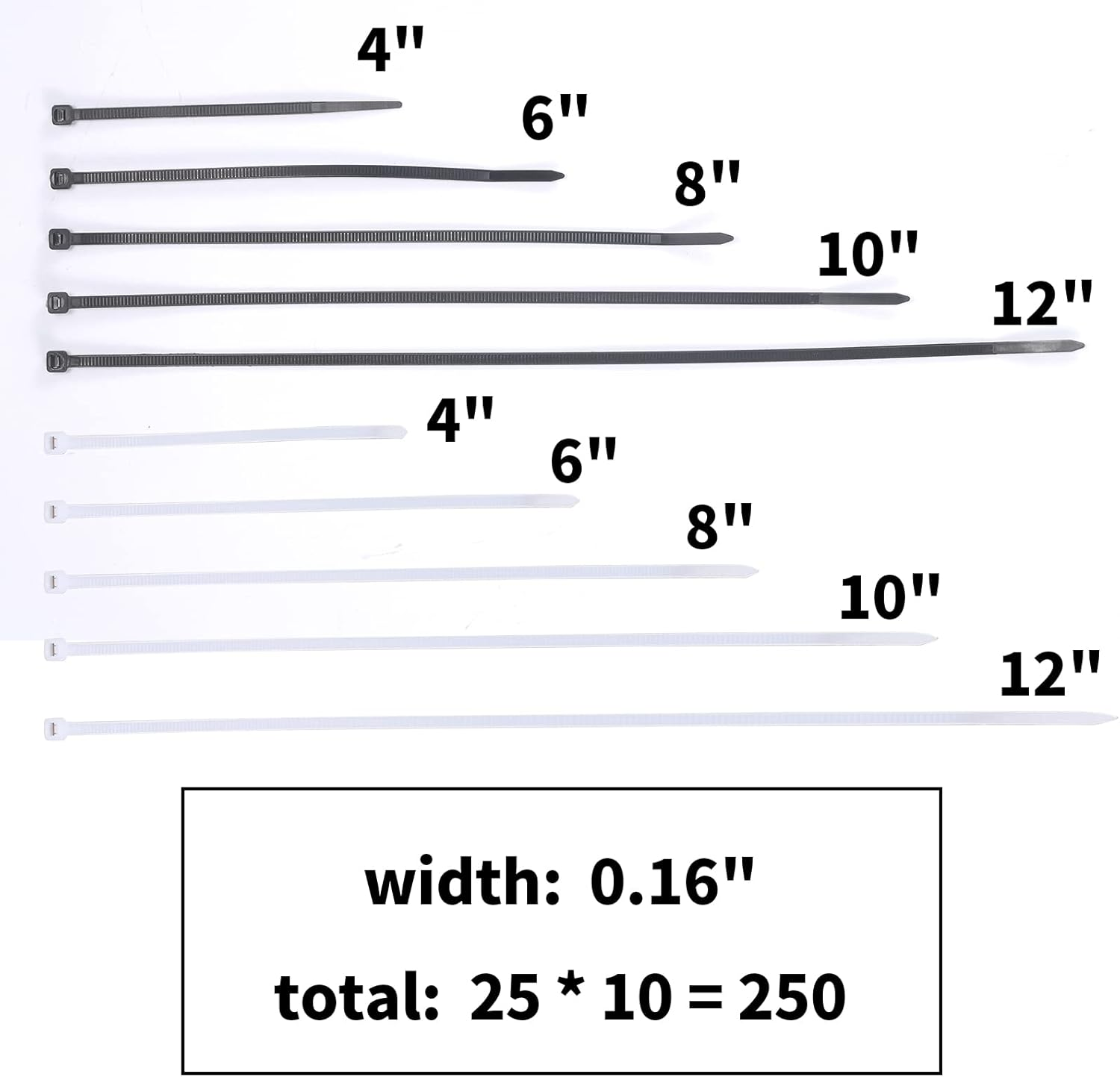 Zip Ties 250PCS Cable Zip Ties Assorted Sizes 4"+ 6"+ 8"+ 10"+ 12" Width 0.16" Cable Ties, Heavy Duty Self-Locking Nylon Black Wire Ties and Clear White Zip Ties for Indoor and Outdoor(Black & White) image number 1
