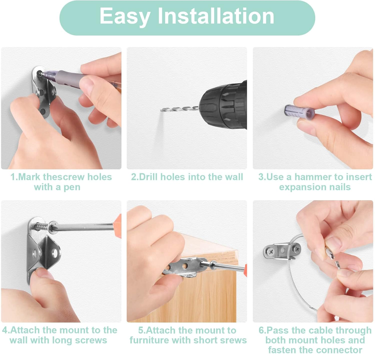 10 Pcs Furniture Anchors, Baby Proofing, Anti-Tip Metal Baby Furniture Straps, Baby Safety Wall Anchor, for Cabinet, Wardrobe, Drawers, Dresser, Bookshelf(400Lbs Tension) (Silver) - Black image number 7