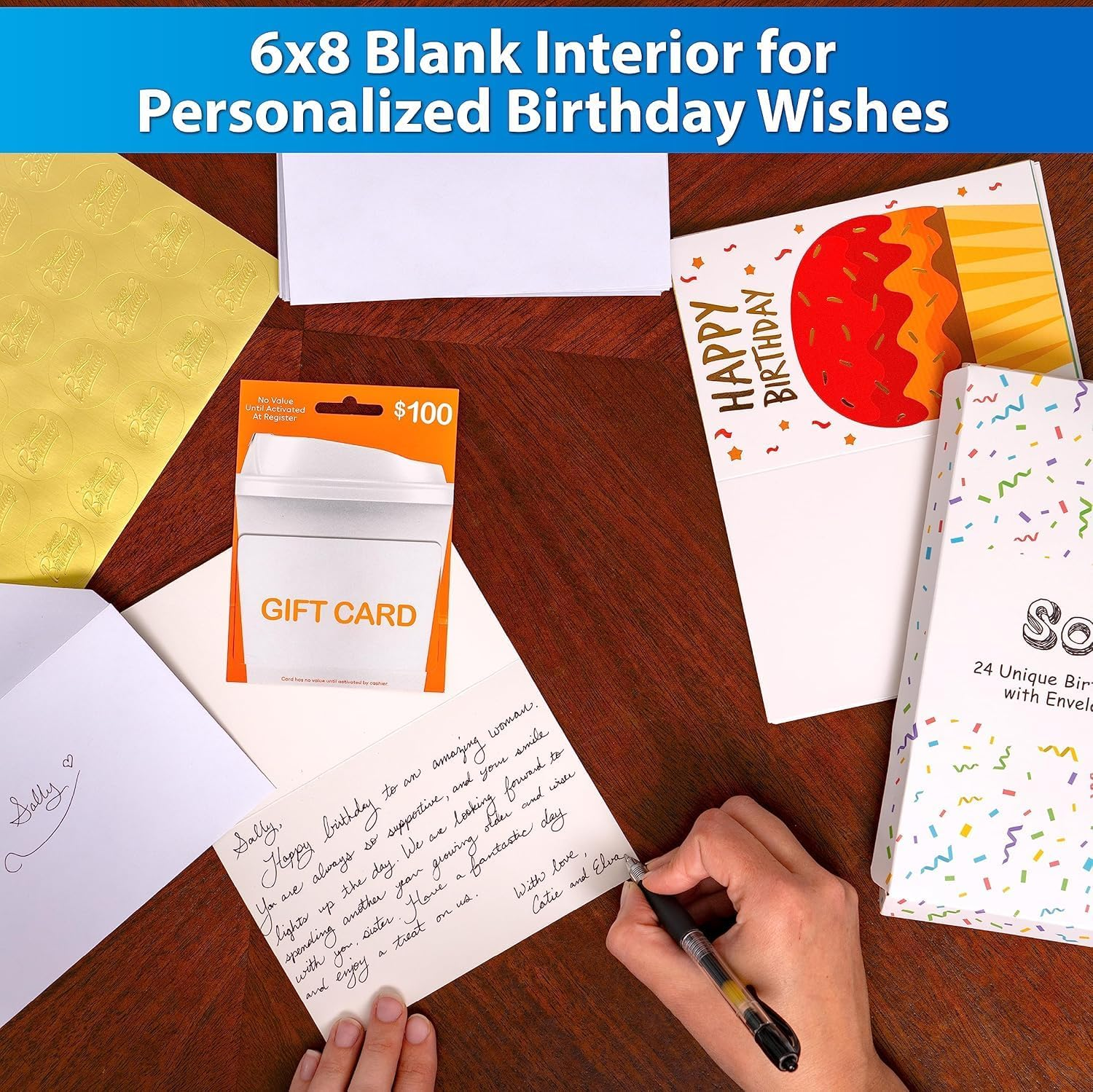 24 Pack Unique Gold Foil Birthday Cards with Envelopes & Stickers，4X6 Inches Blank Happy Birthday Cards Assortment in Bulk for Family, Kids, Friends, Work & Office Celebrations.