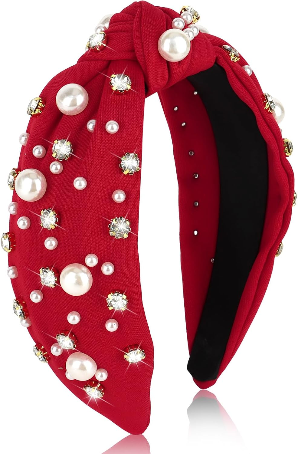 Uintoon Red Headband for Women Pearl Knotted Headband Sparkly Rhinestone Pearls Top Knotted Headbands Womens Fashion Hair Accessories Cute Hair Bands - Brown image number 5