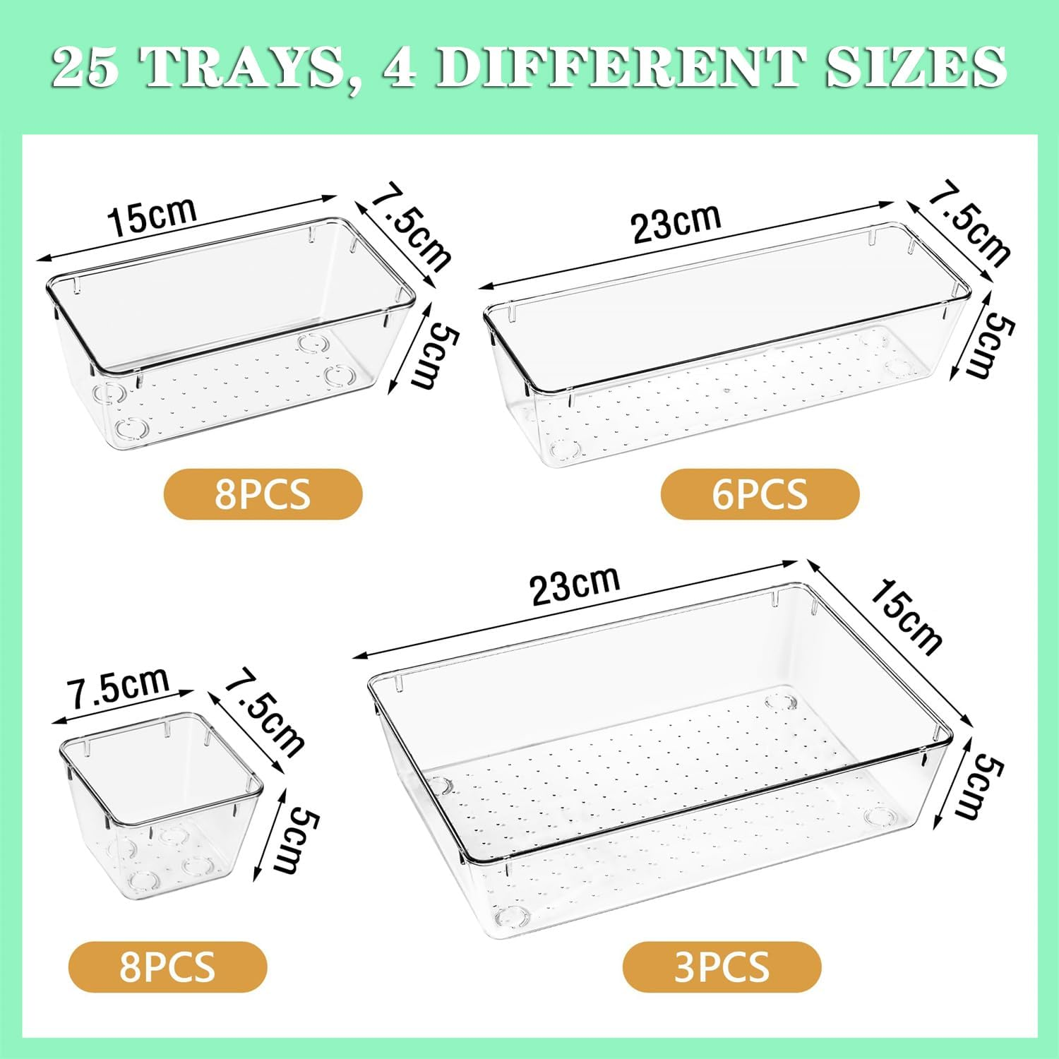 25Pcs Drawer Organisers Set, 4 Sizes Clear Plastic Drawer Organizer & Vanity Organiser for Makeup & Jewelry Storage, Kitchen Utensils & Gadgets, Desk Supplies, Bathroom & Bedroom Organisation